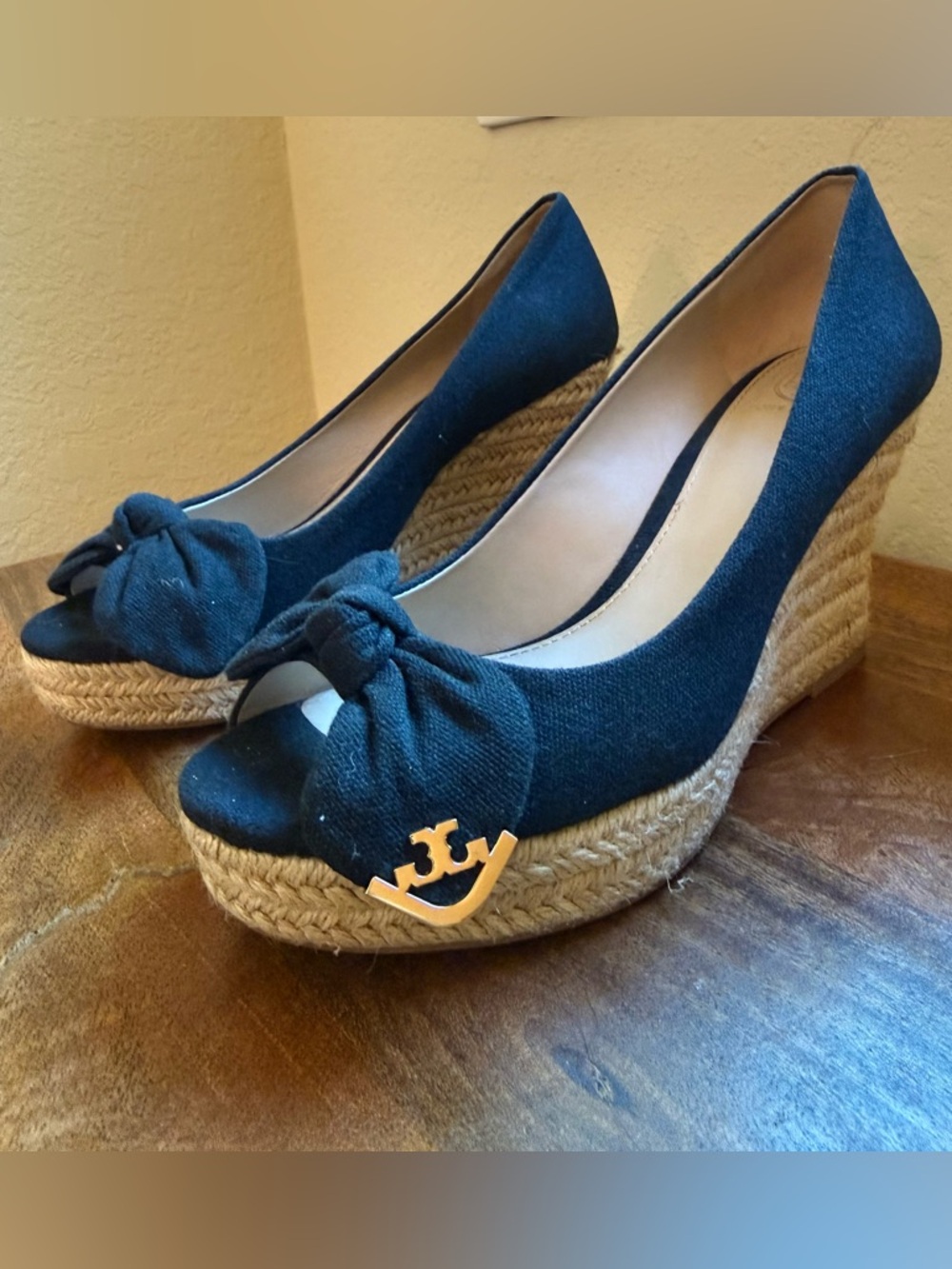 Tory Burch Black Espadrille Wedge with Knotted Bow and Gold Logo